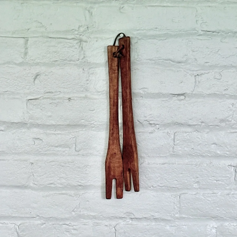 Vintage Handcrafted Wooden Salad Servers Long Handle Rustic Tongs Leather Cord